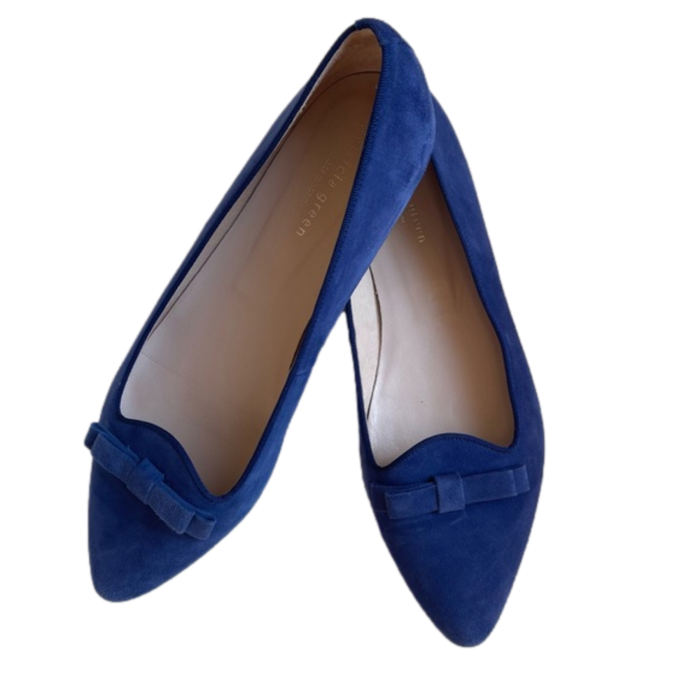 Patricia Green Suede Leather Ballet Flats Bow Detail Navy Blue